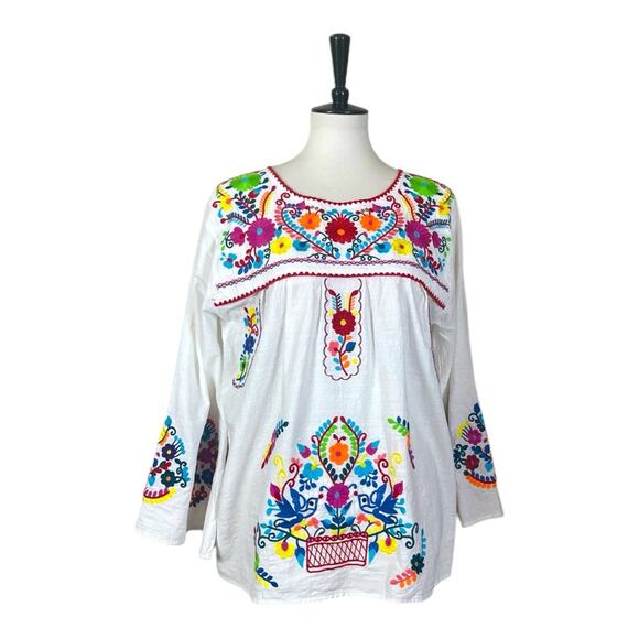 Boho Bell Sleeve Embroidered Tunic Top Pink Blue Multi Women’s Size Large - Picture 1 of 12